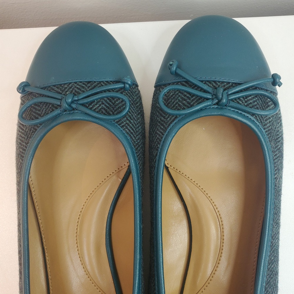 Talbots Teal Herringbone Wool Leather Cap Toe Ballet Flats Bow 10.5M - Picture 2 of 8